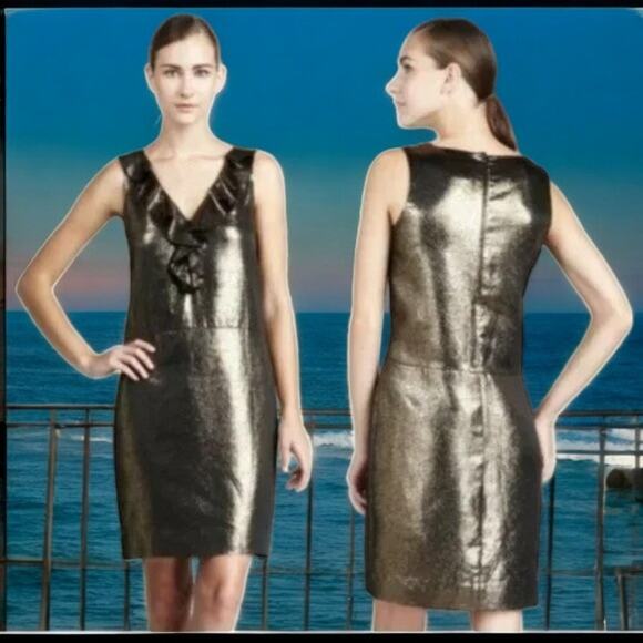 NWT - Kate Spade Gold Metallic Ruffle Vannie Dress Size: 8 - Picture 1 of 6